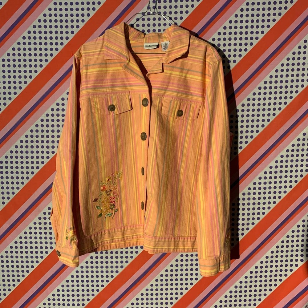 Breckenridge Vintage 90s Striped Denim Jacket Embroidered Floral Pink Orange L